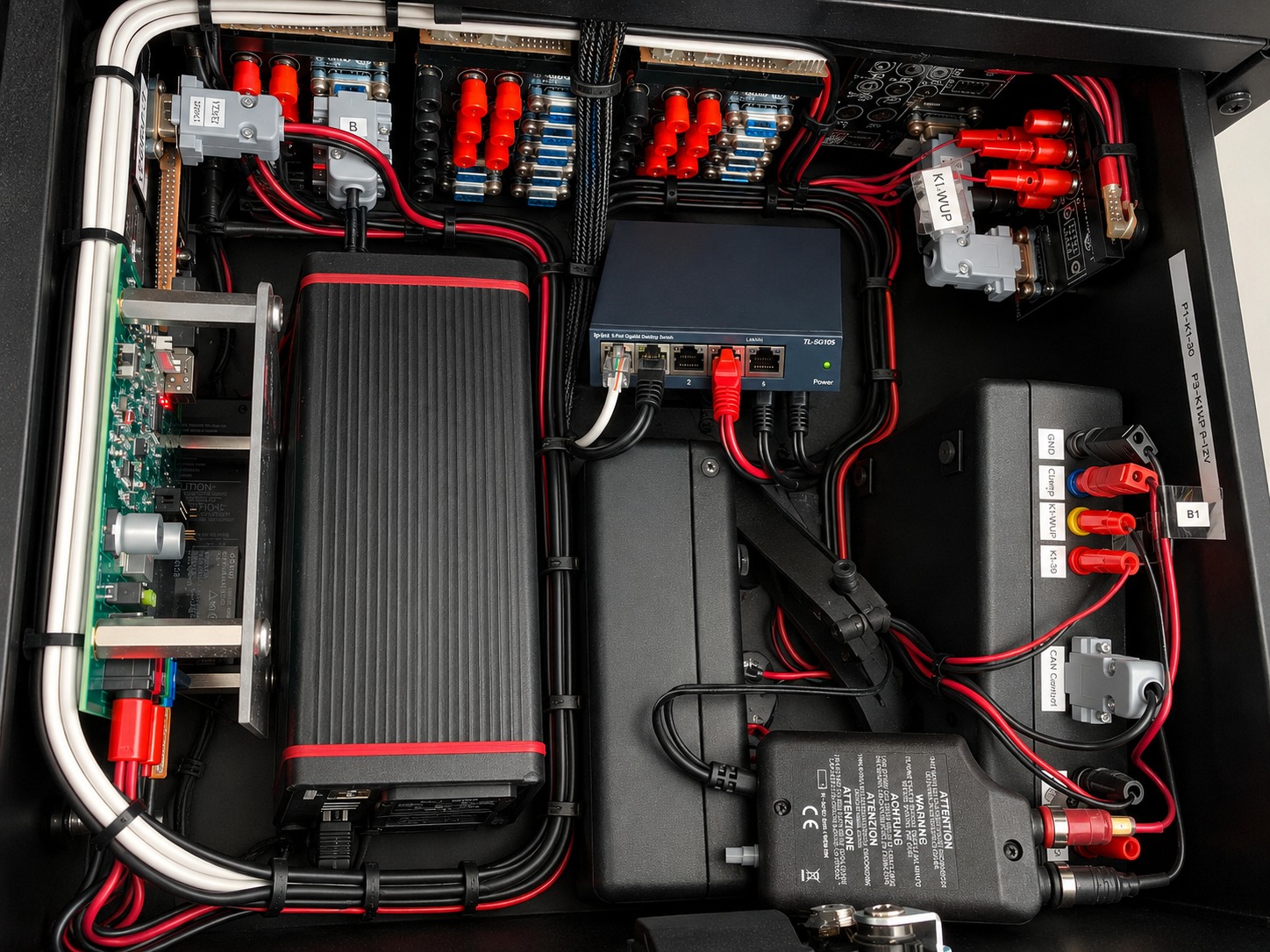 Interior view of an emSane ARTS Box showing its organized power distribution, switching, network and control hardware.
