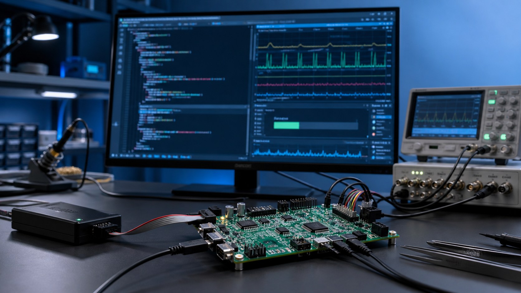 Embedded software development bench with a microcontroller board, debugger, firmware code and measurement equipment.