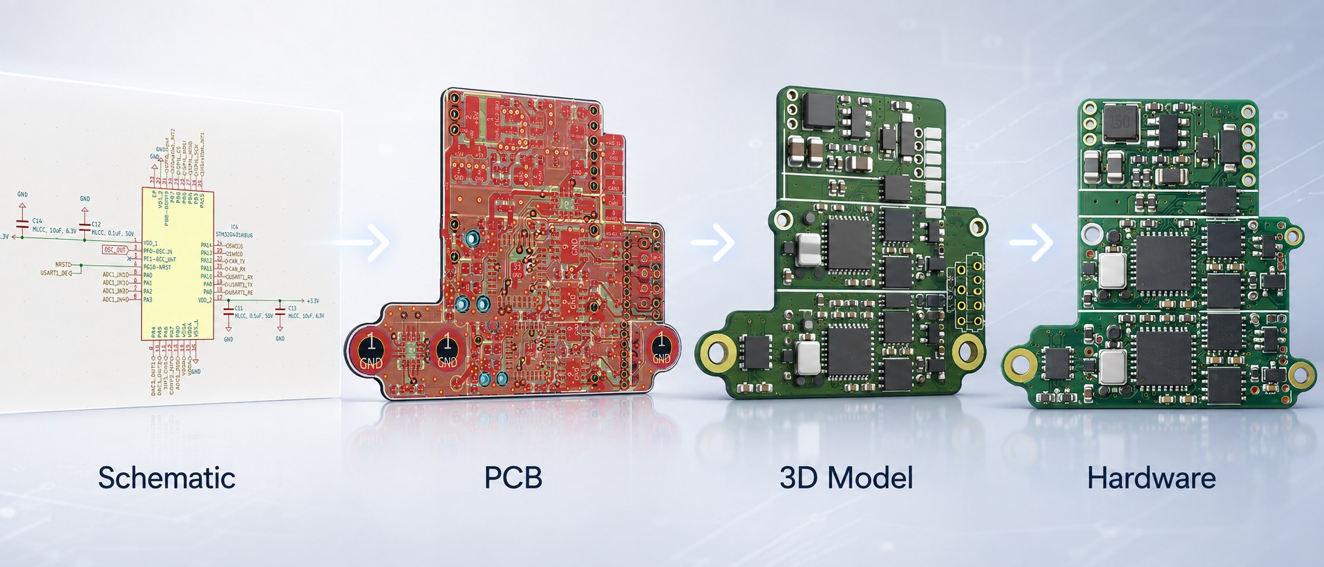 emSane's PCB design process: schematic capture, PCB layout, 3D model review, and the finished, assembled hardware.