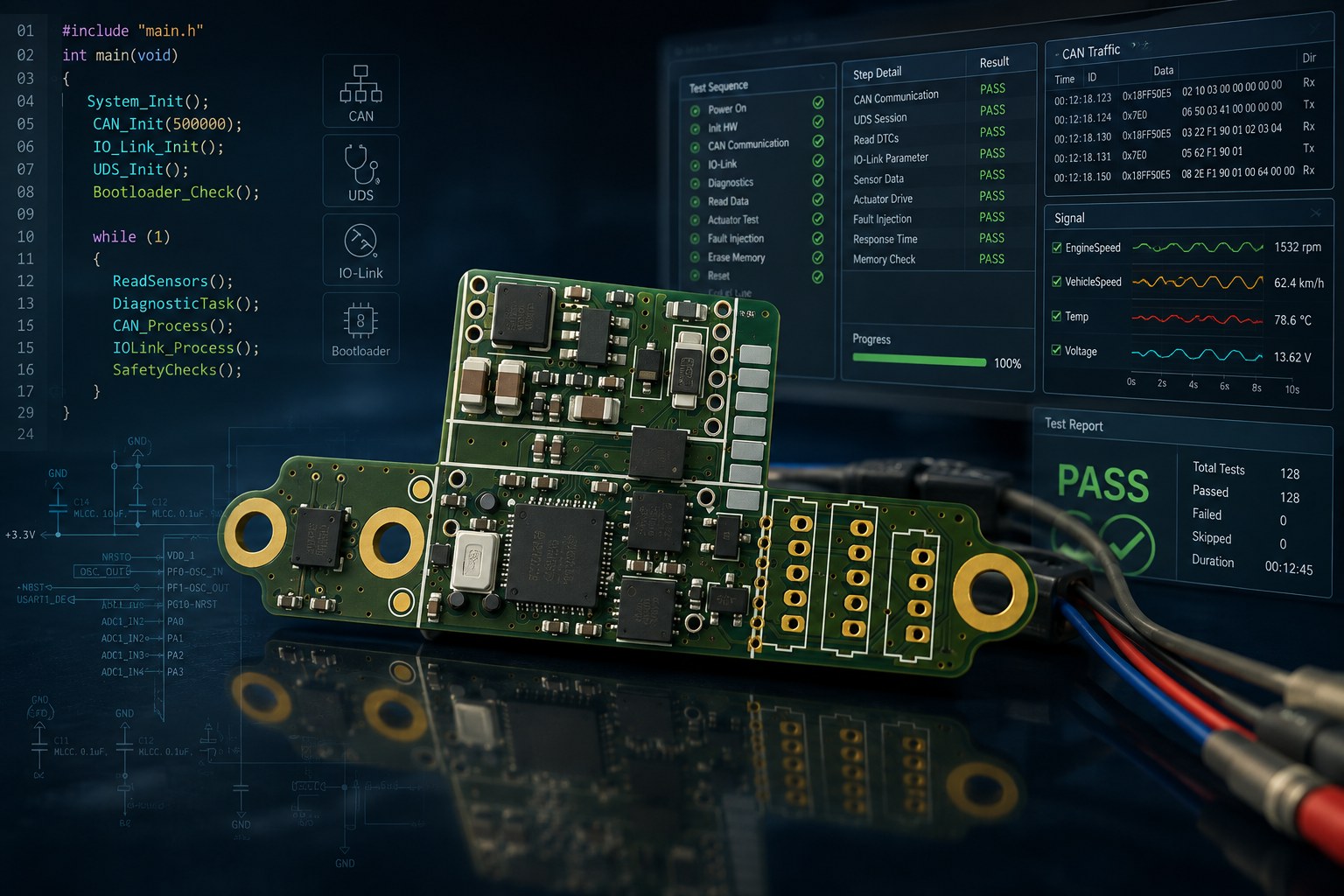 An emSane embedded control board next to live firmware code and a test dashboard showing CAN, UDS and IO-Link diagnostics all passing.