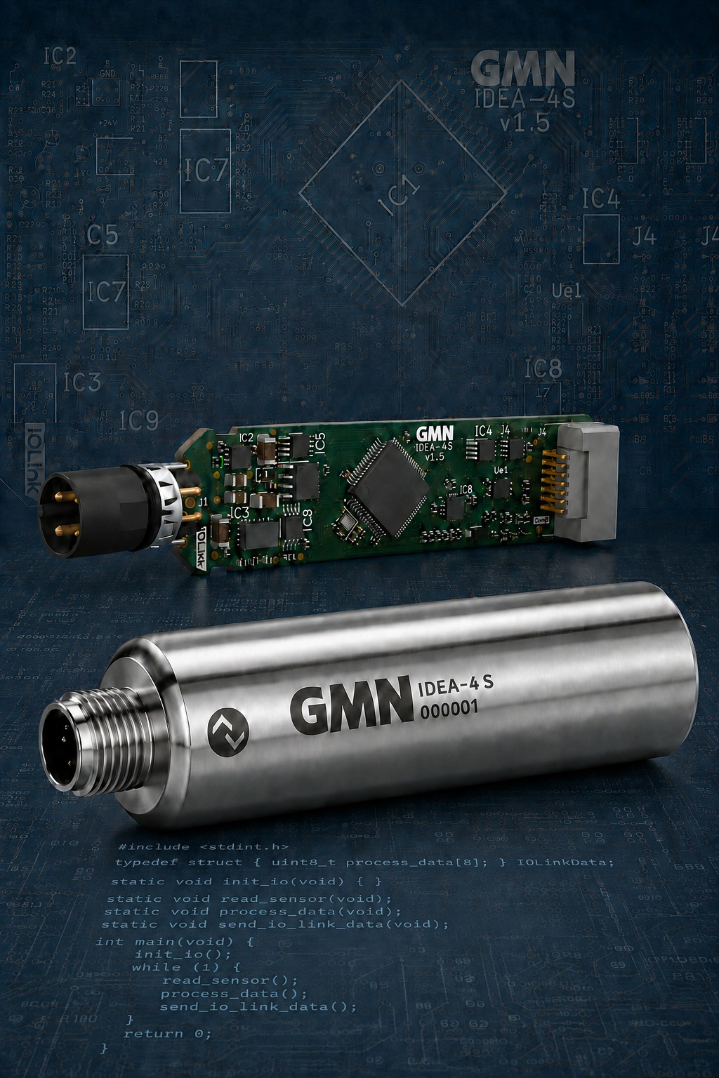 A GMN IDEA-4S unit and its embedded circuit board shown against PCB design and firmware imagery.