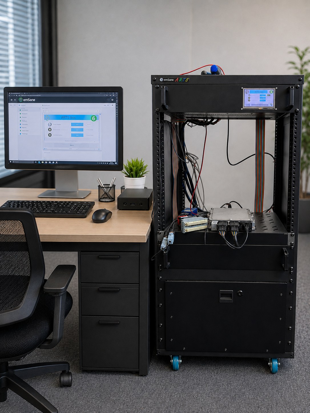 An emSane ARTS Box test rack with an automotive ECU, wiring and the ARTS control software at an engineering workstation.