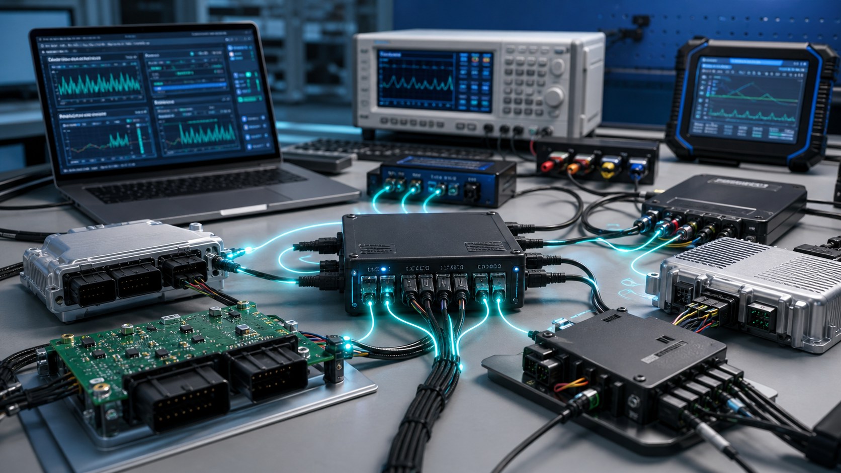 System integration bench connecting multiple ECUs, a gateway, network interfaces and diagnostic engineering tools.