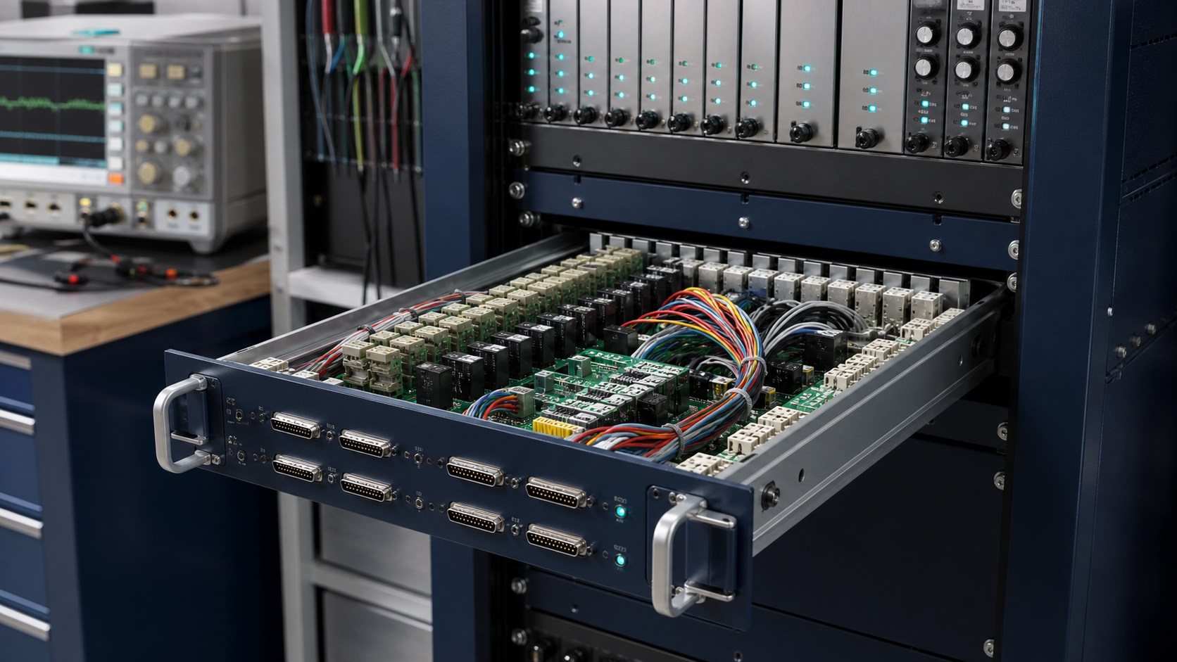 Custom rack-mounted test hardware with relay switching boards, I/O modules, connectors and test harnesses.