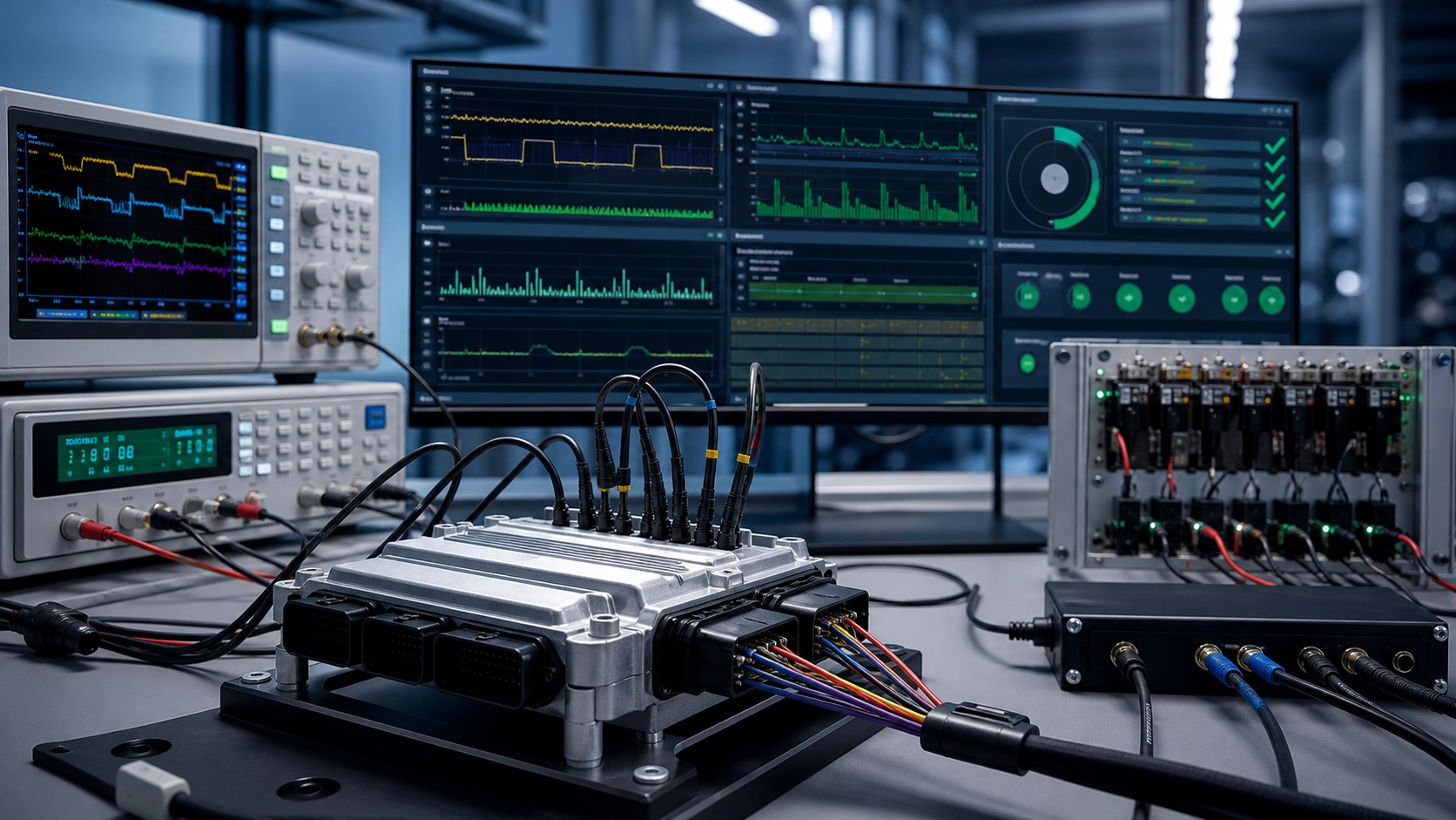 Automated test and validation bench with an ECU under test, measurement equipment and test-result dashboards.